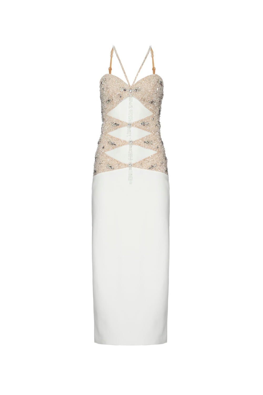 VESTIDO MÍDI CORPO BORDADO CREPE CRYSTAL OFF WHITE