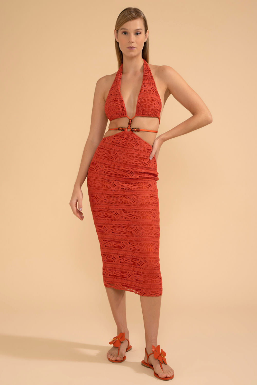 VESTIDO MÍDI FRENTE ÚNICA LYCRA APRICOT LARANJA