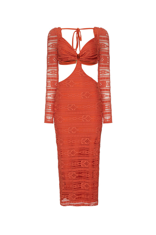 VESTIDO MÍDI MANGA LONGA LYCRA APRICOT LARANJA