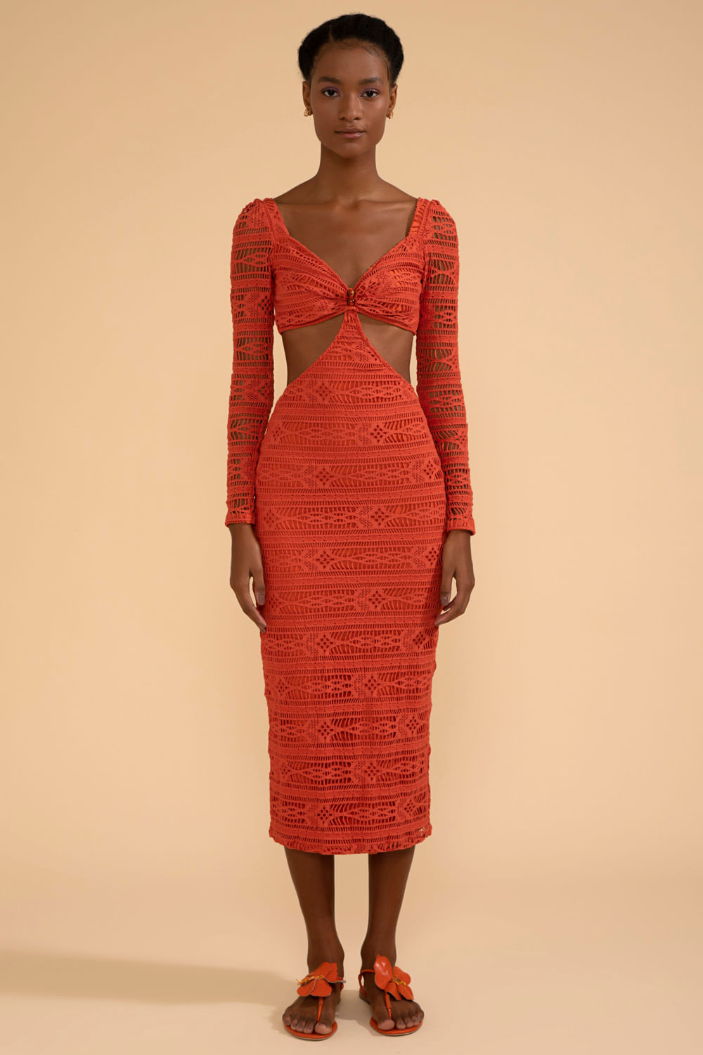 VESTIDO MÍDI MANGA LONGA LYCRA APRICOT LARANJA