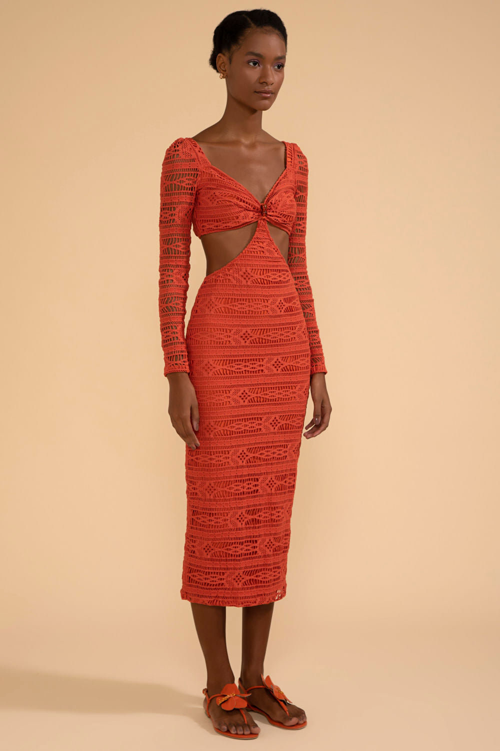 VESTIDO MÍDI MANGA LONGA LYCRA APRICOT LARANJA