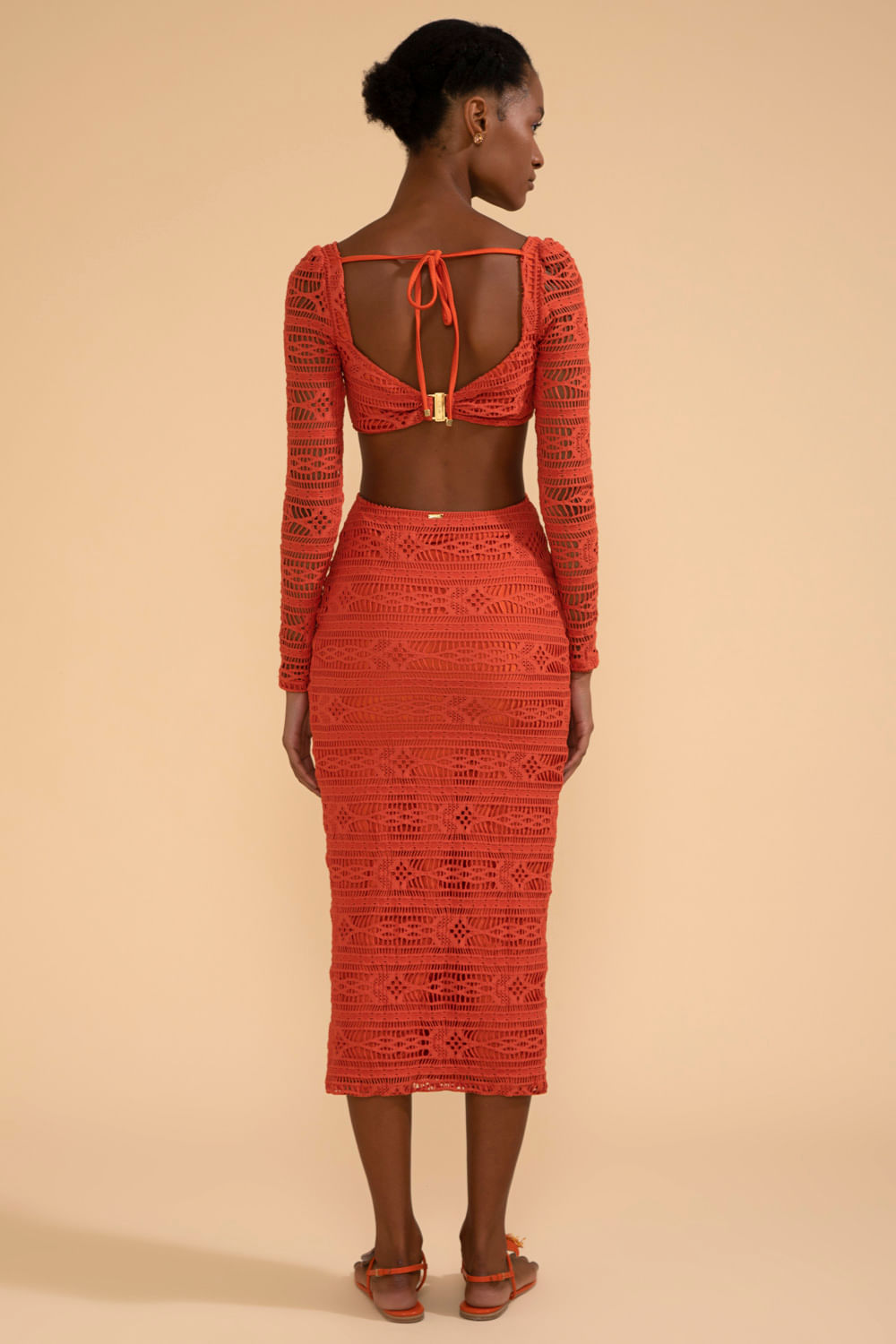 VESTIDO MÍDI MANGA LONGA LYCRA APRICOT LARANJA