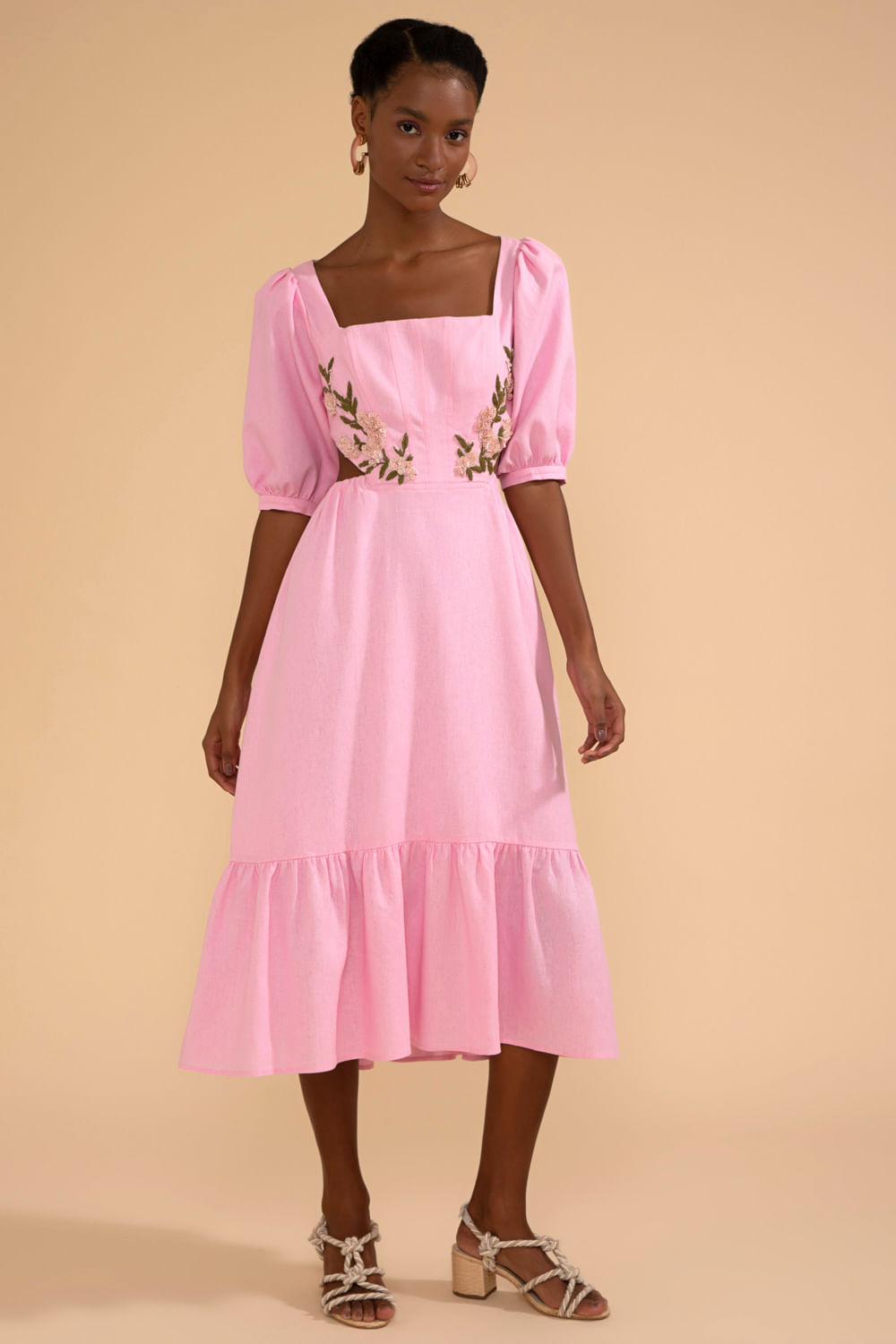 VESTIDO MÍDI CORSET LINHO FRENCH ROSA