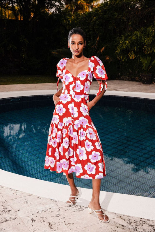 VESTIDO MÍDI MANGAS BUFANTES WIND FLOWER VERMELHO