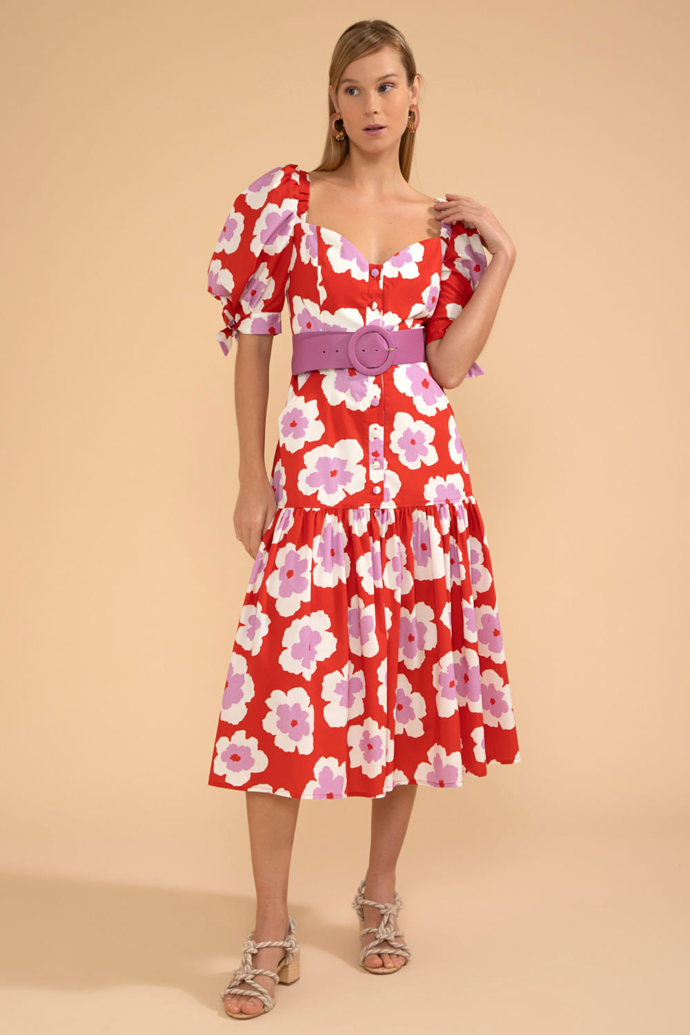 VESTIDO MÍDI MANGAS BUFANTES WIND FLOWER VERMELHO