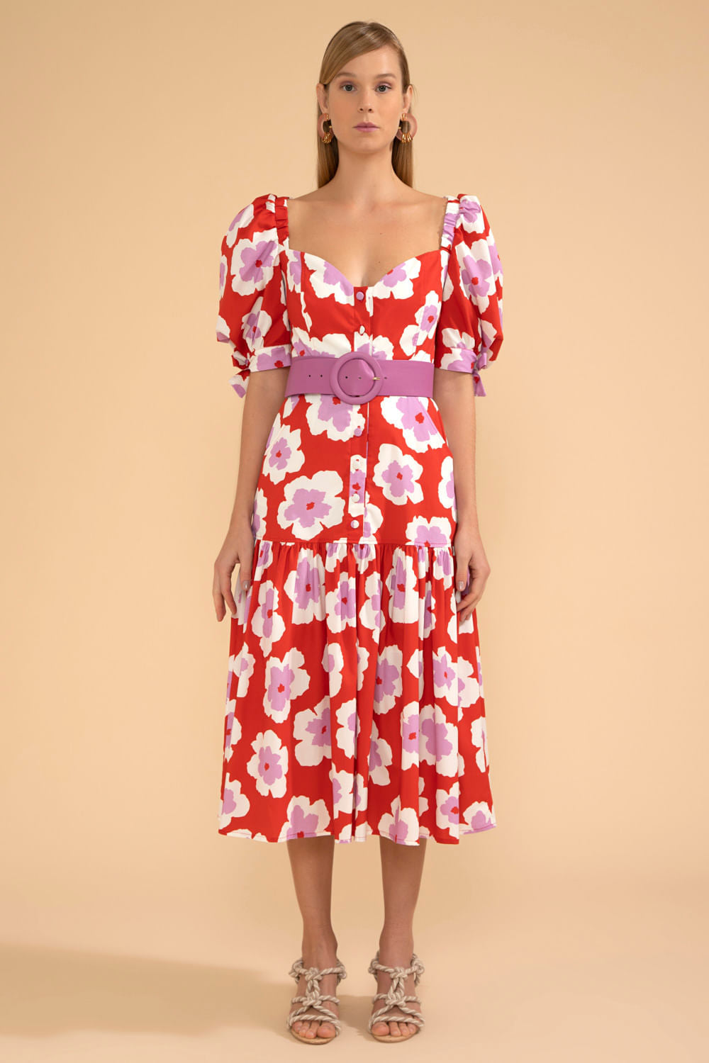 VESTIDO MÍDI MANGAS BUFANTES WIND FLOWER VERMELHO