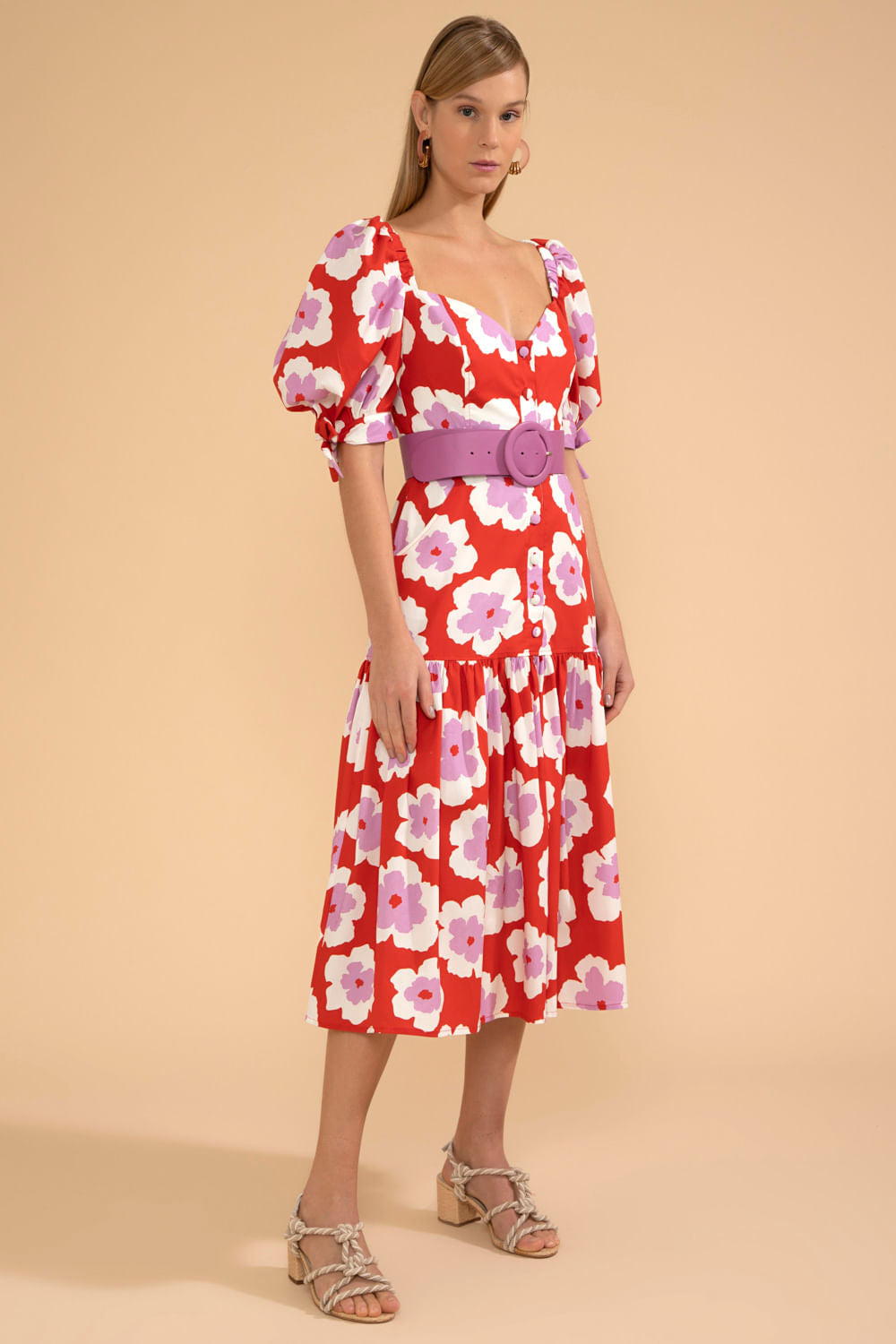 VESTIDO MÍDI MANGAS BUFANTES WIND FLOWER VERMELHO
