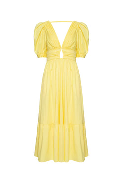 VESTIDO MÍDI MANGAS BUFANTES TRICOLINE JANE AMARELO