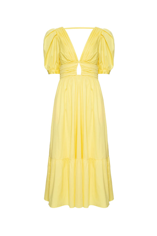 VESTIDO MÍDI MANGAS BUFANTES TRICOLINE JANE AMARELO