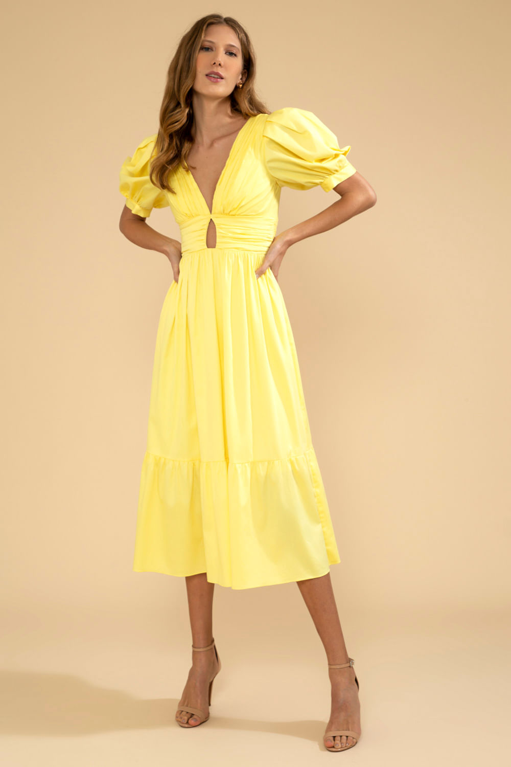 VESTIDO MÍDI MANGAS BUFANTES TRICOLINE JANE AMARELO
