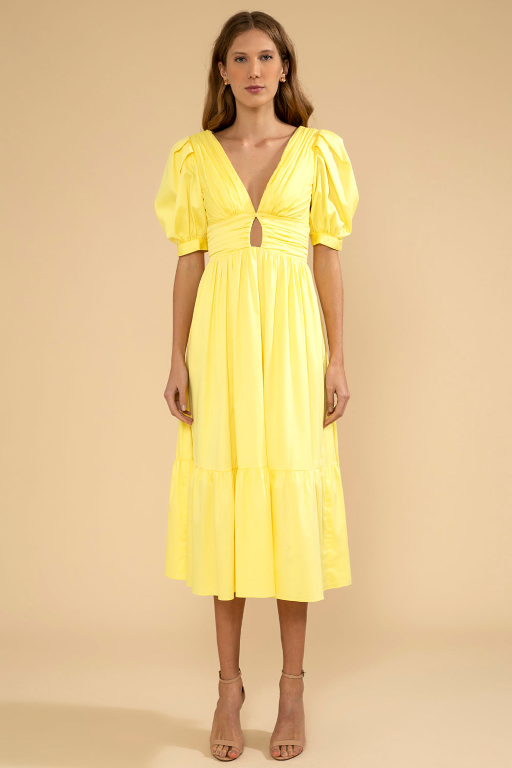 VESTIDO MÍDI MANGAS BUFANTES TRICOLINE JANE AMARELO