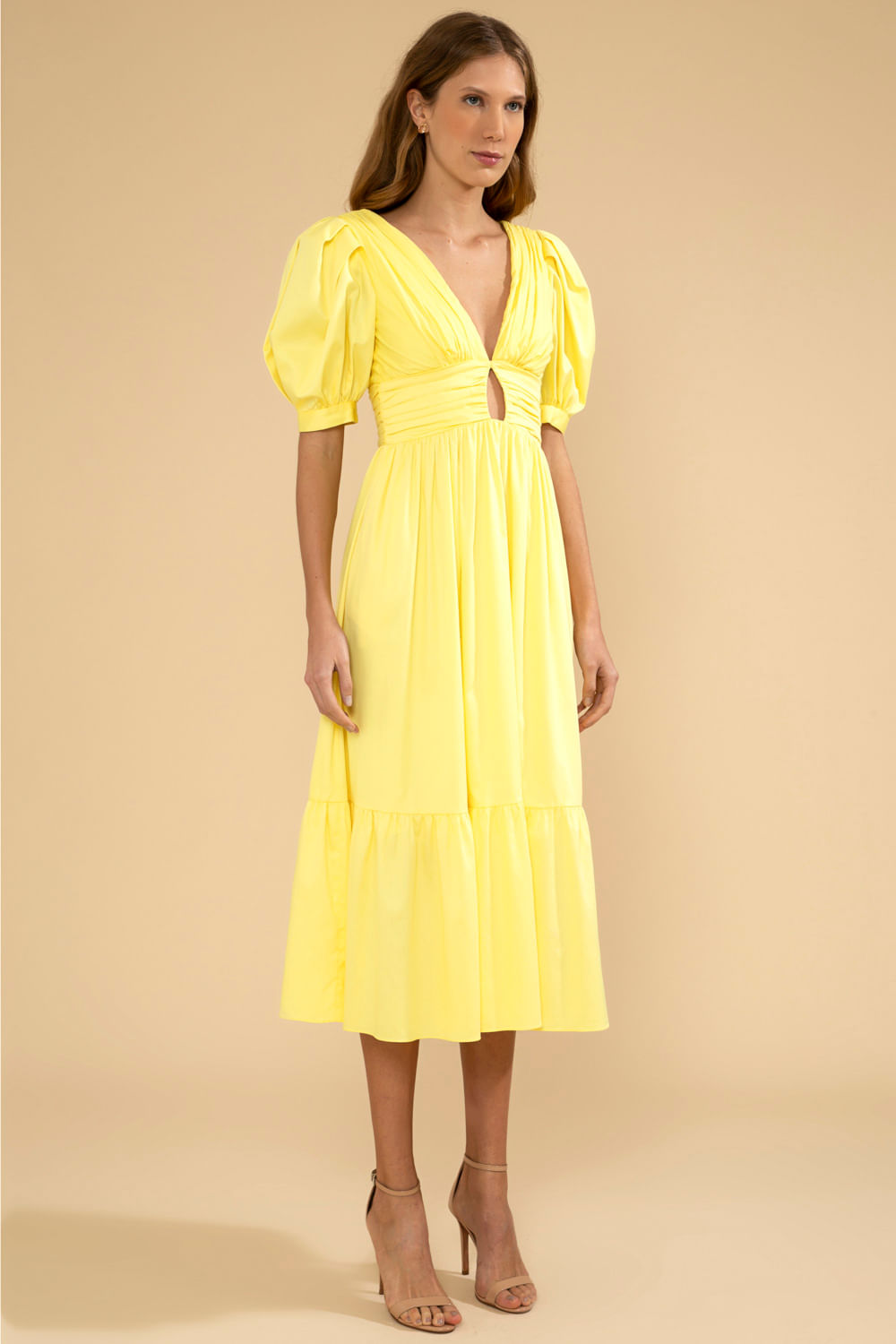 VESTIDO MÍDI MANGAS BUFANTES TRICOLINE JANE AMARELO