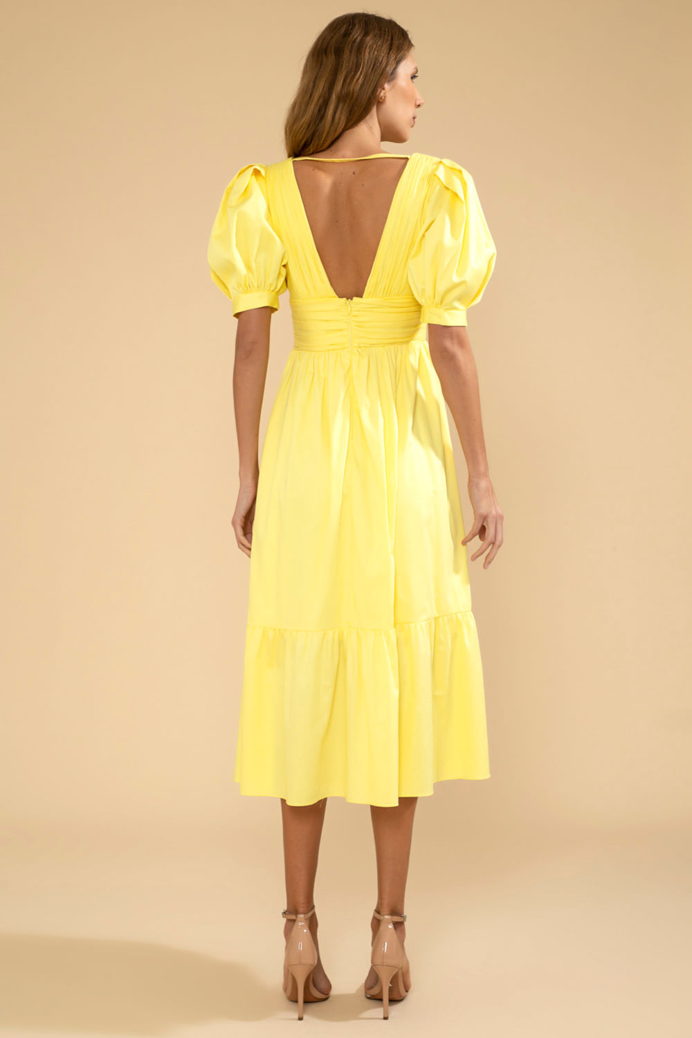 VESTIDO MÍDI MANGAS BUFANTES TRICOLINE JANE AMARELO