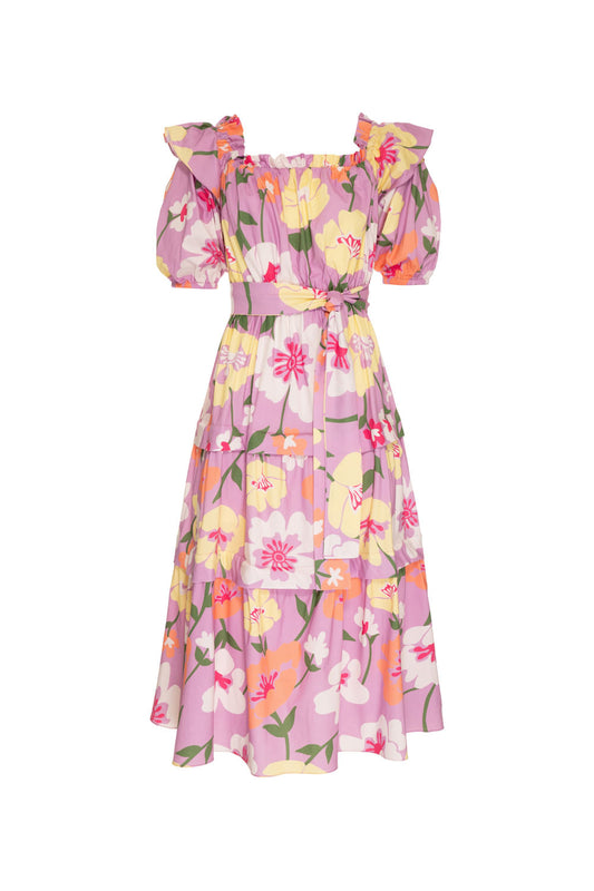 VESTIDO MÍDI OMBRO A OMBRO RETRÔ FLOWER LILAS