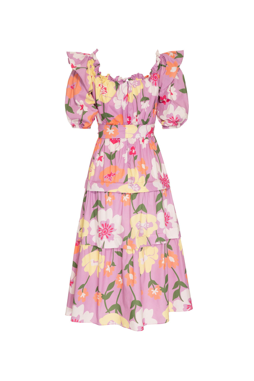 VESTIDO MÍDI OMBRO A OMBRO RETRÔ FLOWER LILAS