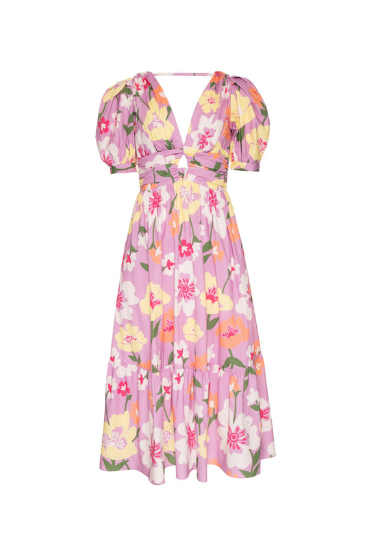 VESTIDO MÍDI FRANZIDO RETRÔ FLOWER LILAS