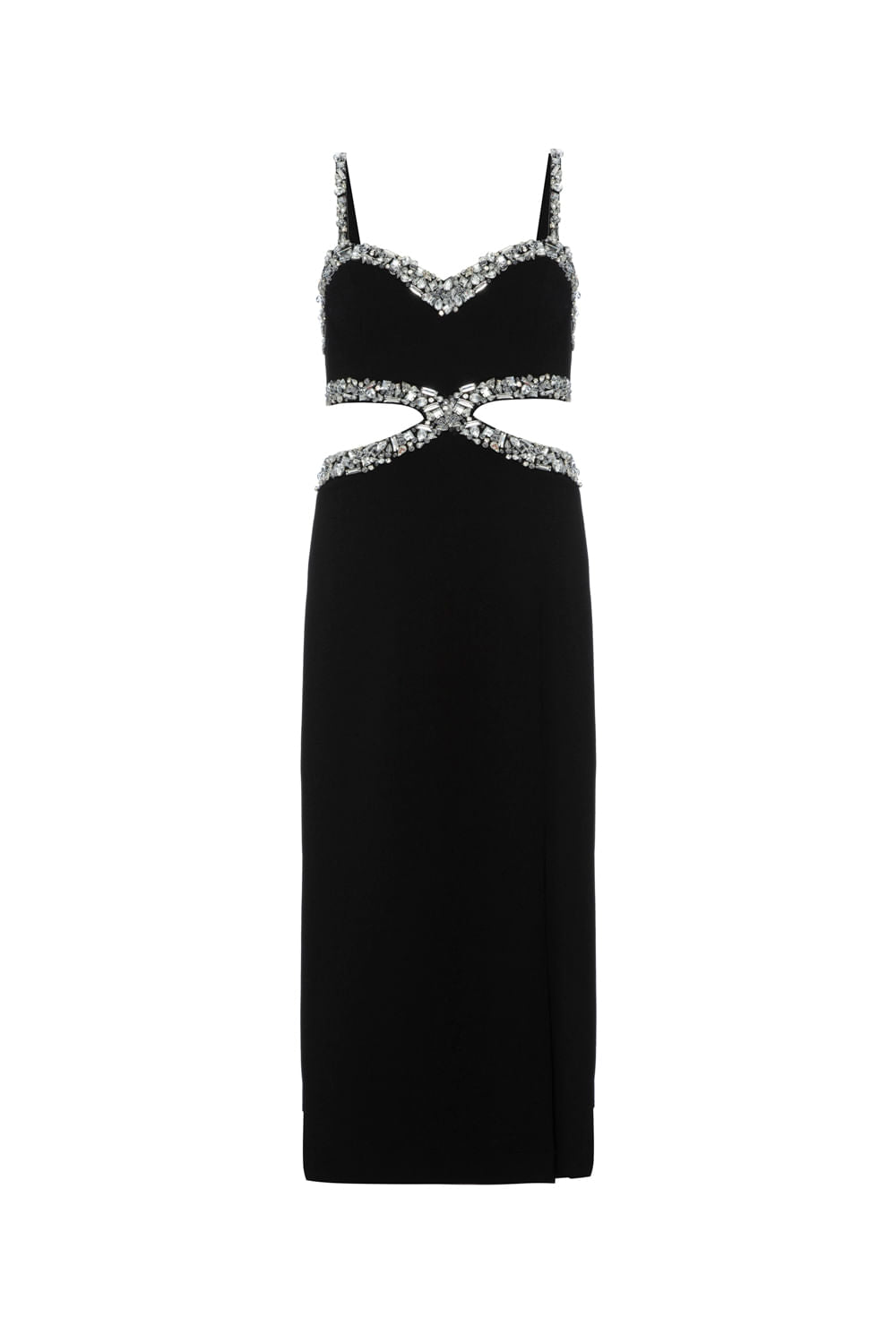 VESTIDO MÍDI RECORTES PEDRARIA CREPE CRYSTAL PRETO