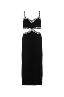 VESTIDO MÍDI RECORTES PEDRARIA CREPE CRYSTAL PRETO