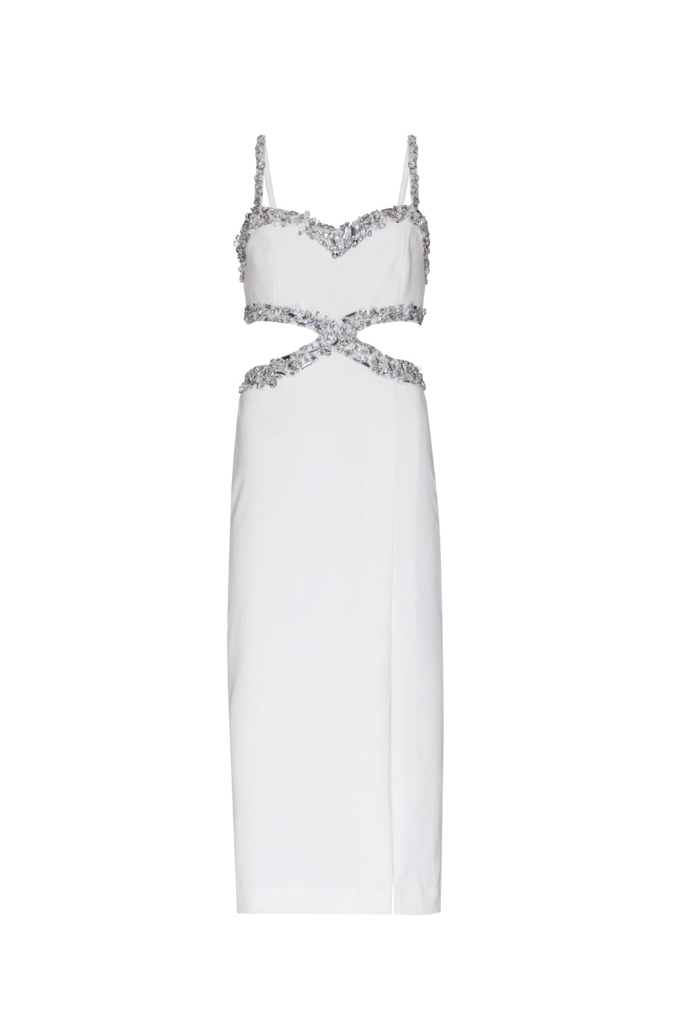 VESTIDO MÍDI RECORTES PEDRARIA CREPE CRYSTAL OFF WHITE