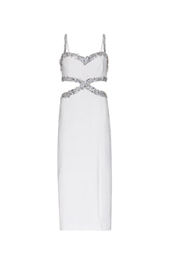 VESTIDO MÍDI RECORTES PEDRARIA CREPE CRYSTAL OFF WHITE