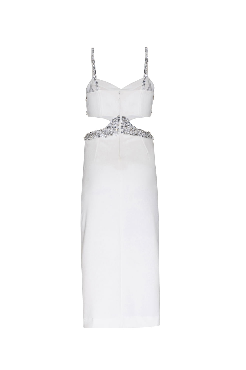VESTIDO MÍDI RECORTES PEDRARIA CREPE CRYSTAL OFF WHITE