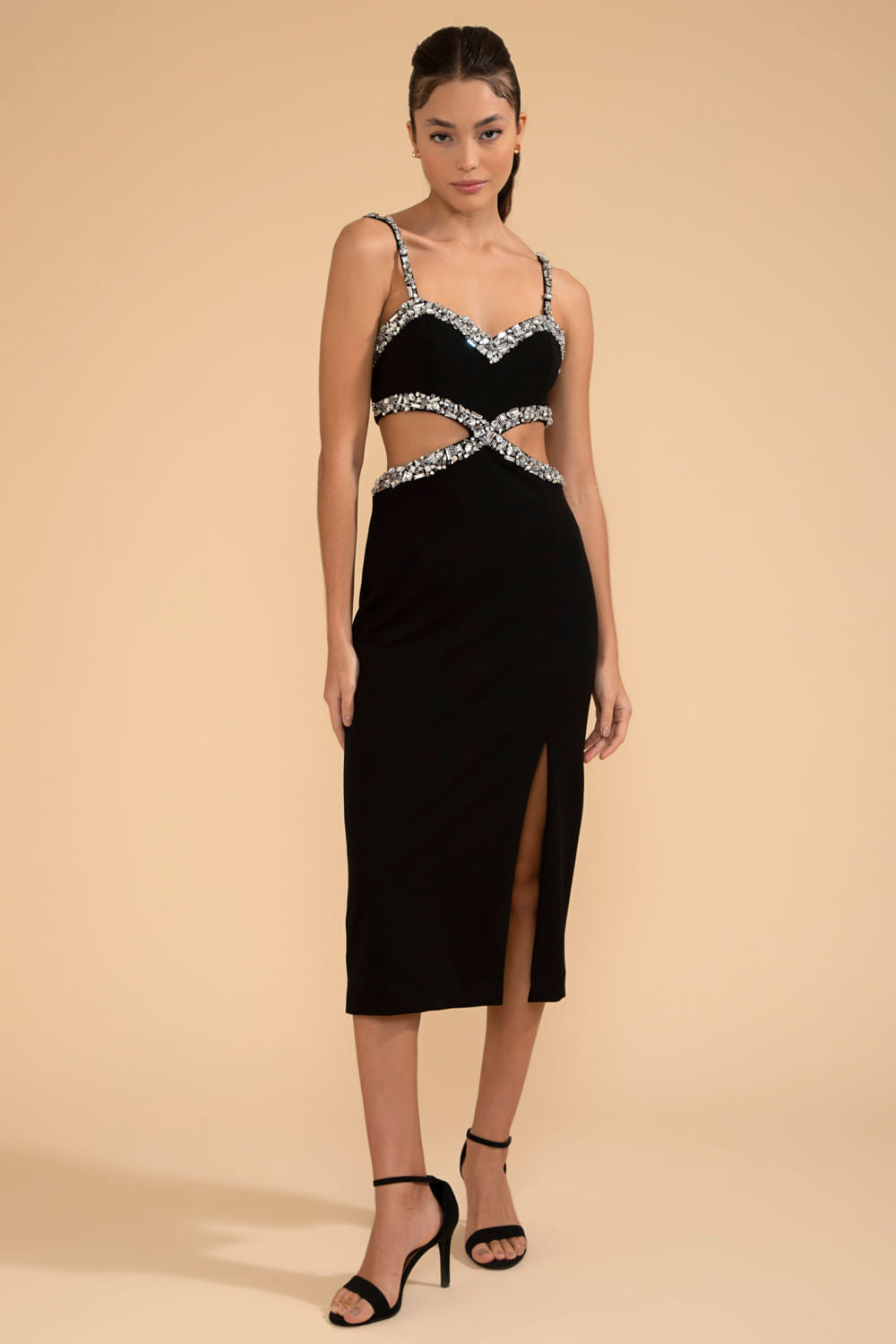 VESTIDO MÍDI RECORTES PEDRARIA CREPE CRYSTAL PRETO