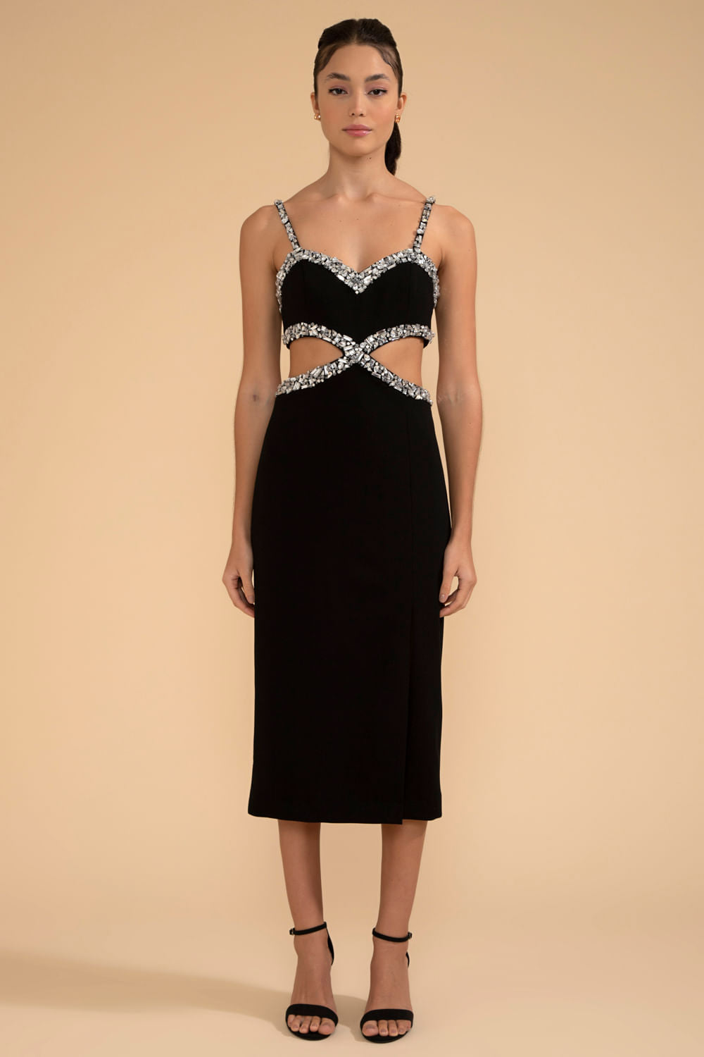 VESTIDO MÍDI RECORTES PEDRARIA CREPE CRYSTAL PRETO