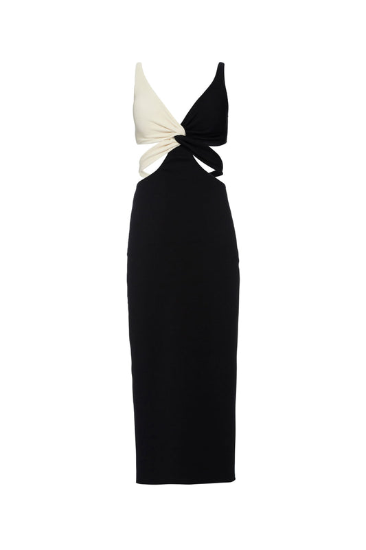 VESTIDO MÍDI BICOLOR MALHA BASEL PRETO COM OFF WHITE