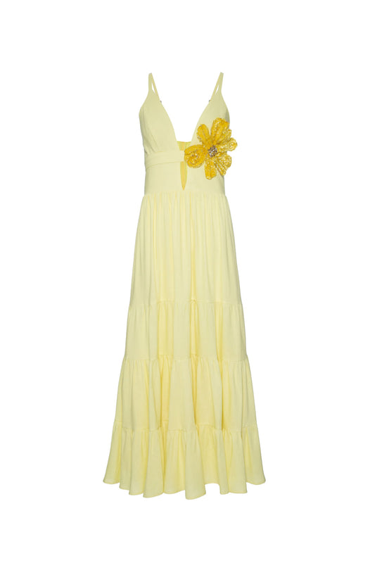 VESTIDO MÍDI FLOR LINHO BALNEÁRIO AMARELO