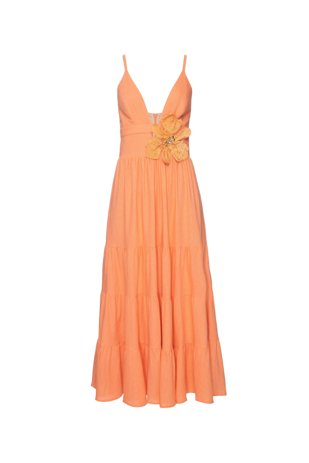 VESTIDO MÍDI FLOR LINHO BALNEÁRIO CORAL
