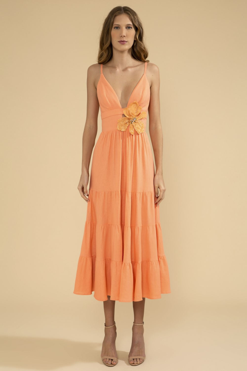 VESTIDO MÍDI FLOR LINHO BALNEÁRIO CORAL