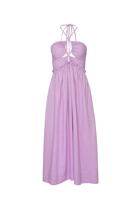 VESTIDO MÍDI FRANZIDO LINHO BALNEÁRIO LILAS