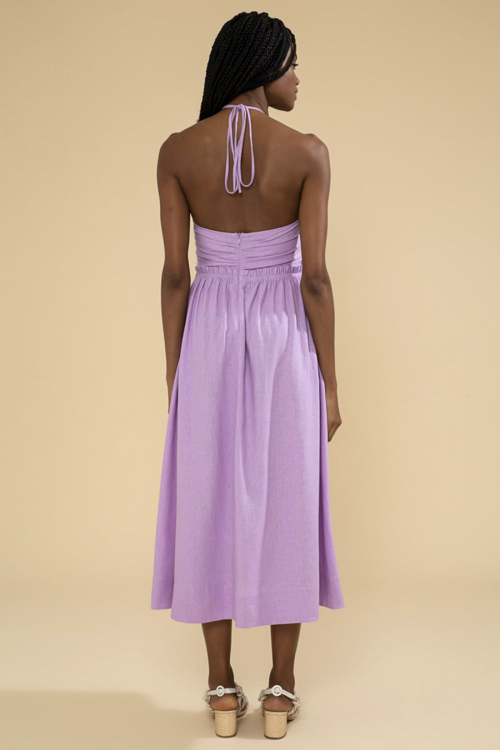 VESTIDO MÍDI FRANZIDO LINHO BALNEÁRIO LILAS