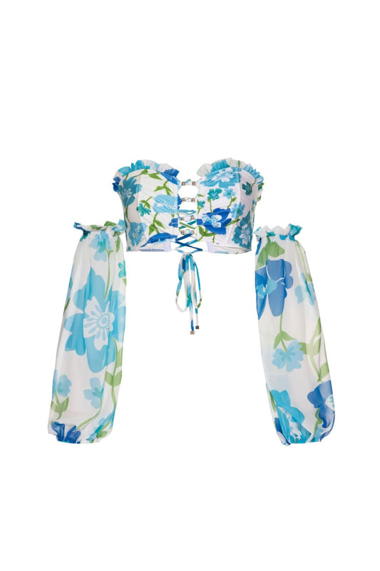 TOP BIQUÍNI MANGAS RETRÔ FLOWER OFF WHITE