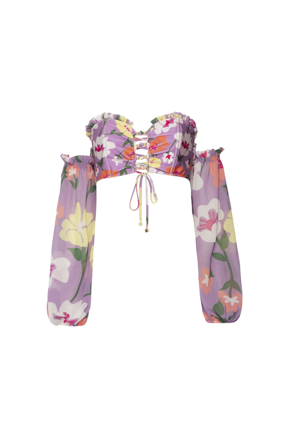 TOP BIQUÍNI MANGAS RETRÔ FLOWER LILAS