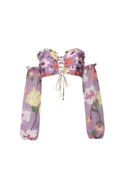 TOP BIQUÍNI MANGAS RETRÔ FLOWER LILAS