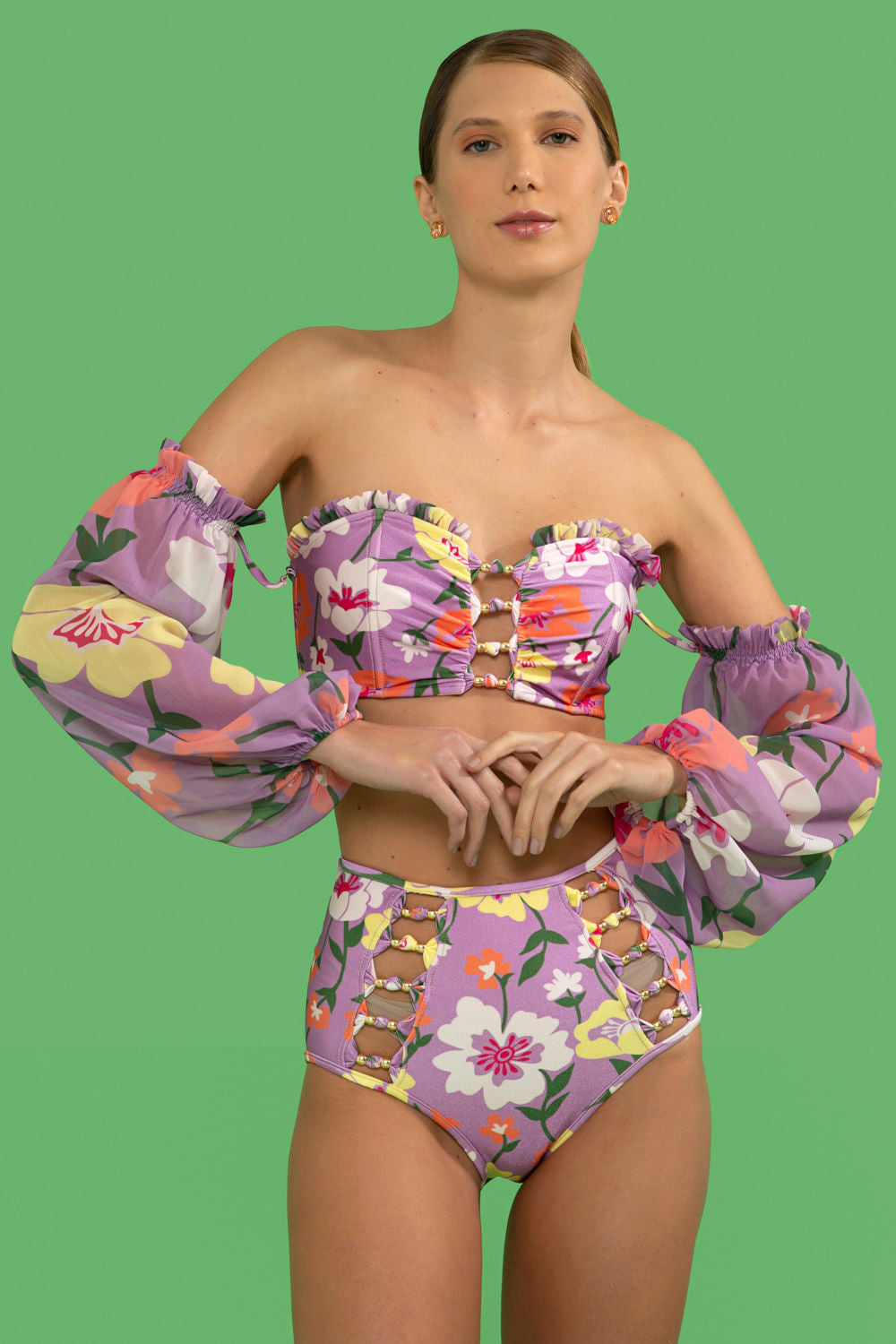 TOP BIQUÍNI MANGAS RETRÔ FLOWER LILAS