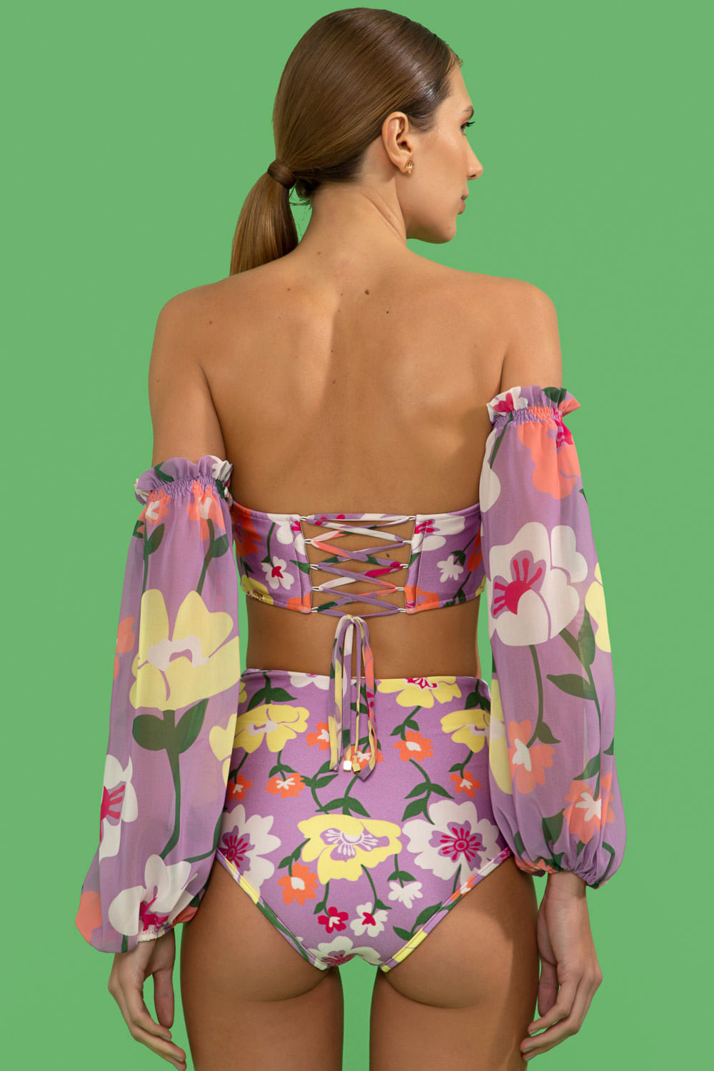 TOP BIQUÍNI MANGAS RETRÔ FLOWER LILAS