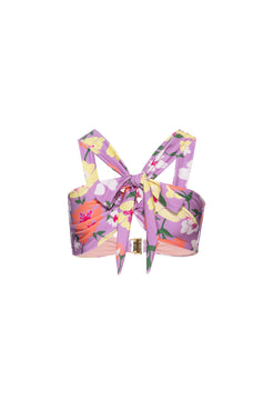 TOP BIQUÍNI TORCIDO RETRÔ FLOWER LILAS