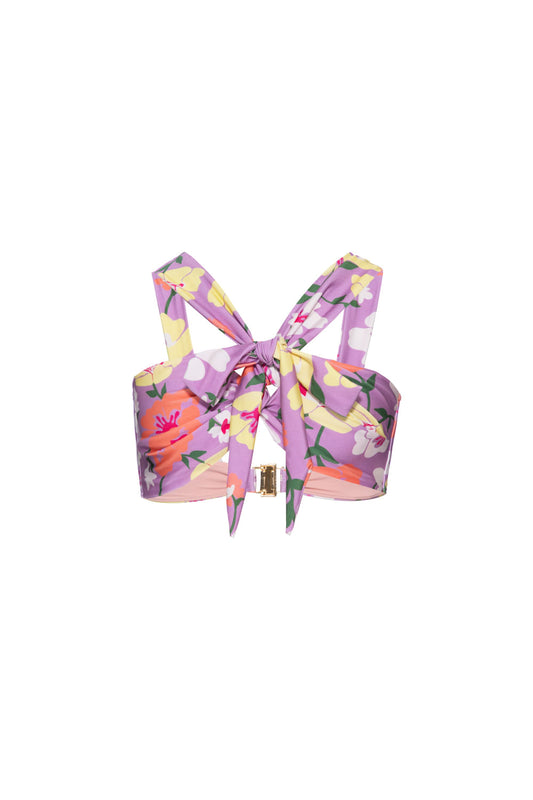 TOP BIQUÍNI TORCIDO RETRÔ FLOWER LILAS