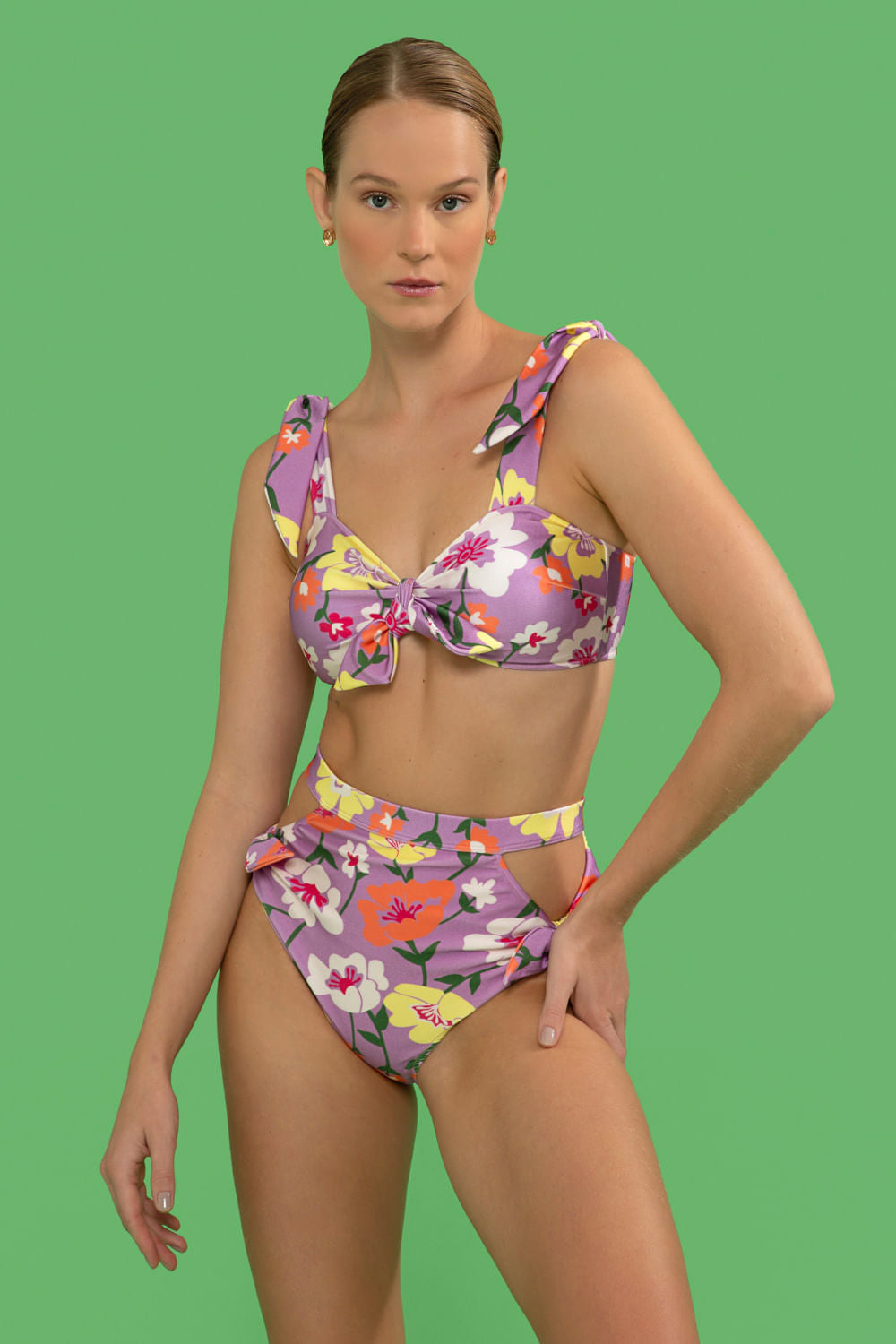 TOP BIQUÍNI LAÇOS RETRÔ FLOWER LILAS