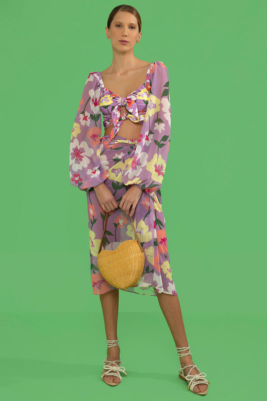 TOP BIQUÍNI MANGA LONGA RETRÔ FLOWER LILAS
