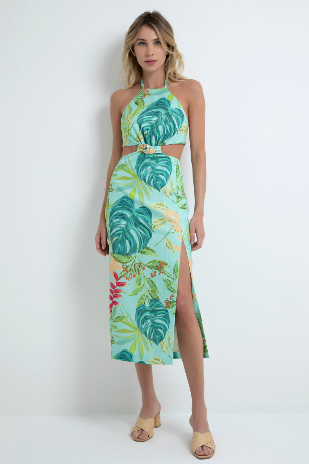 VESTIDO MÍDI TORÇÃO TROPICÁLIA VERDE