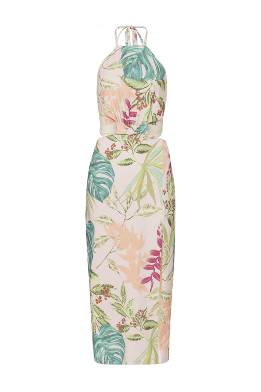 Vestido mídi torção tropicália rosa