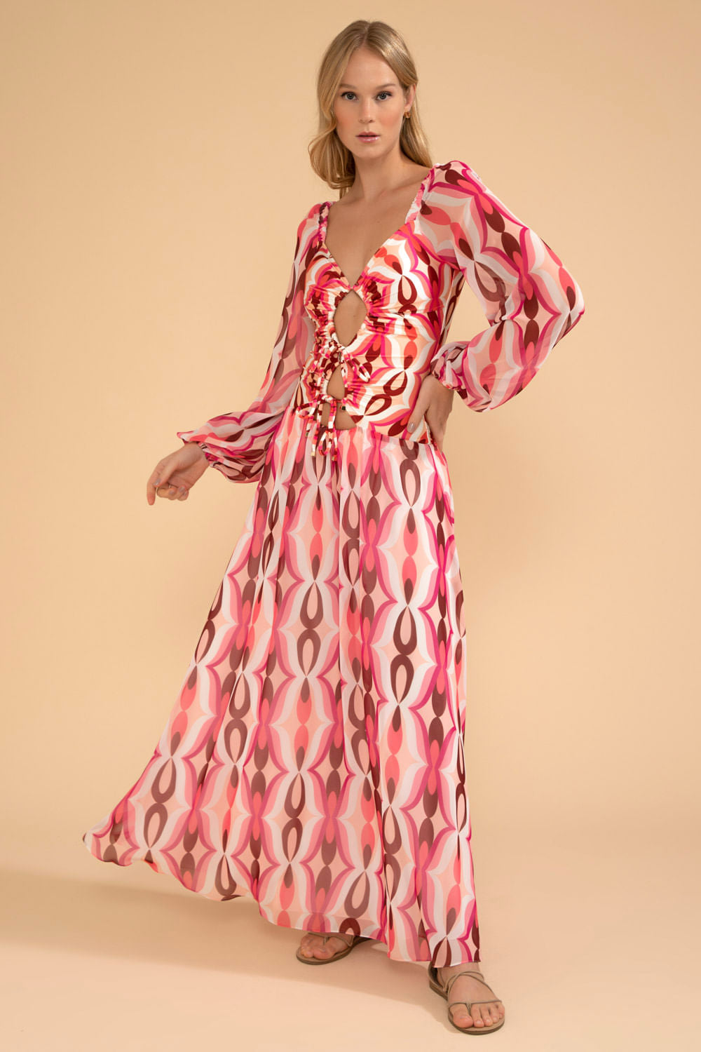 VESTIDO LONGO FRANZIDO TWIST ROSA