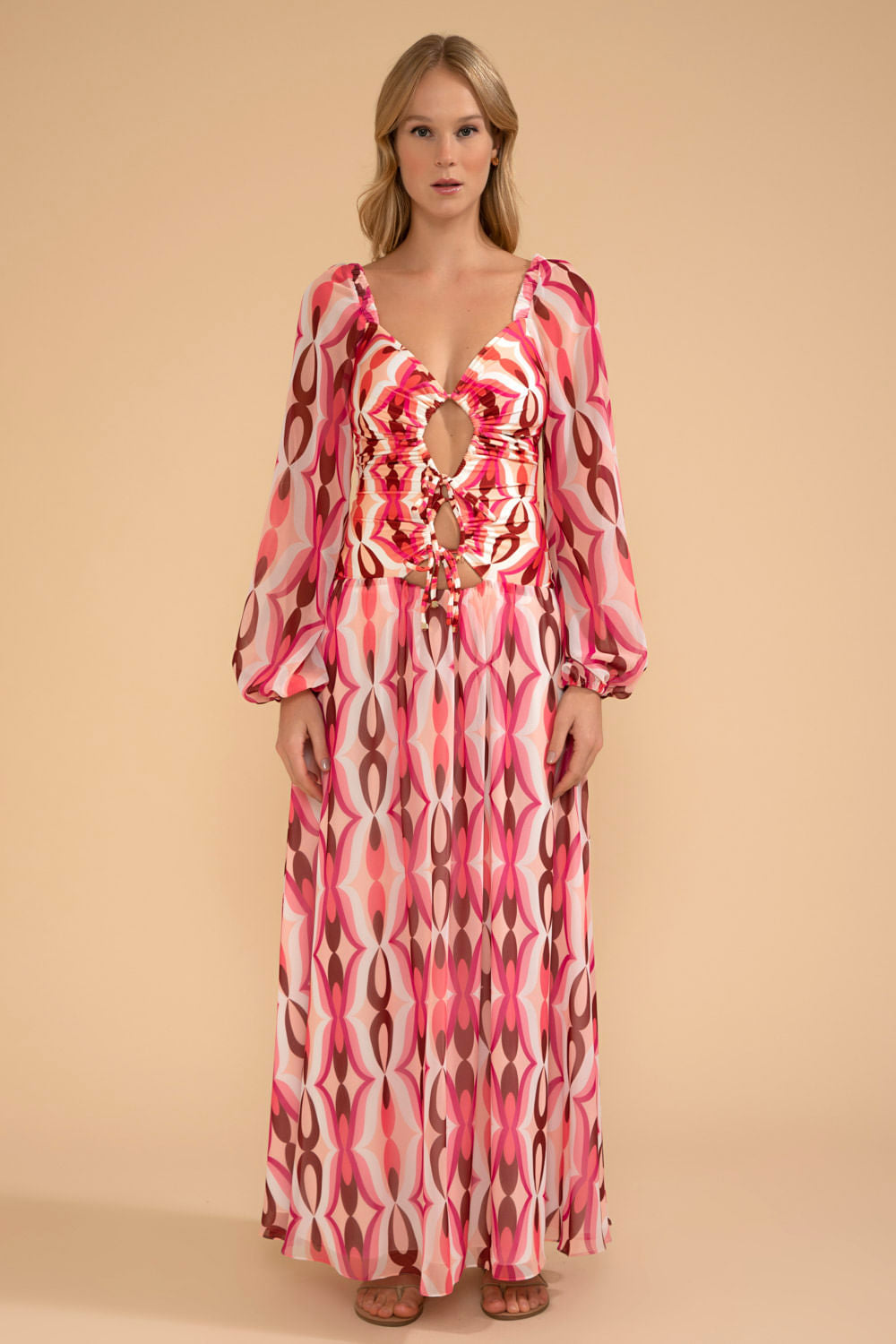 VESTIDO LONGO FRANZIDO TWIST ROSA