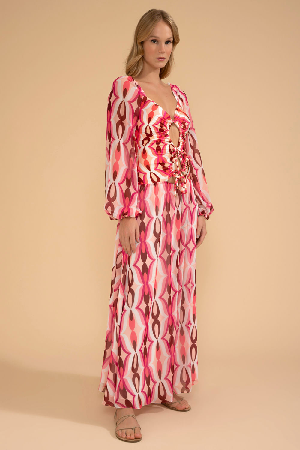 VESTIDO LONGO FRANZIDO TWIST ROSA