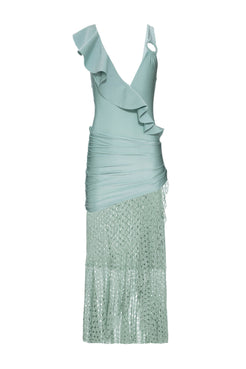 VESTIDO LONGO BABADO OMBRO ÚNICO LYCRA FEMME VERDE