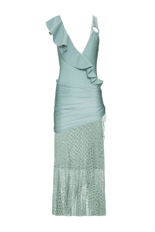 VESTIDO LONGO BABADO OMBRO ÚNICO LYCRA FEMME VERDE