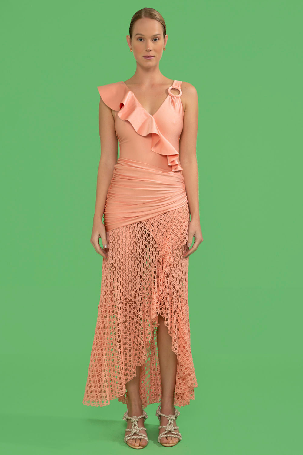 VESTIDO LONGO BABADO OMBRO ÚNICO LYCRA FEMME CORAL